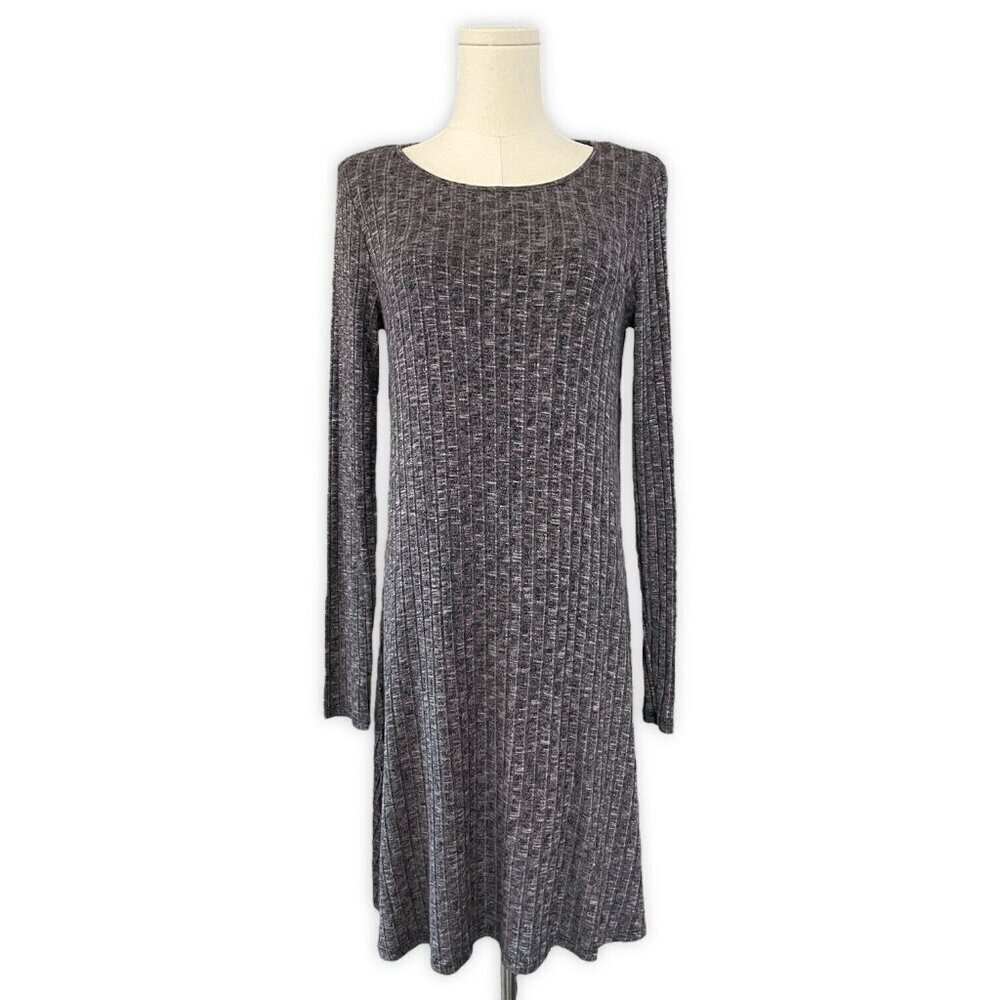 Michael Stars Ribbed Sweater‎ Dress Sz M Gray Midi Skater Y2K Grunge Long Sleeve